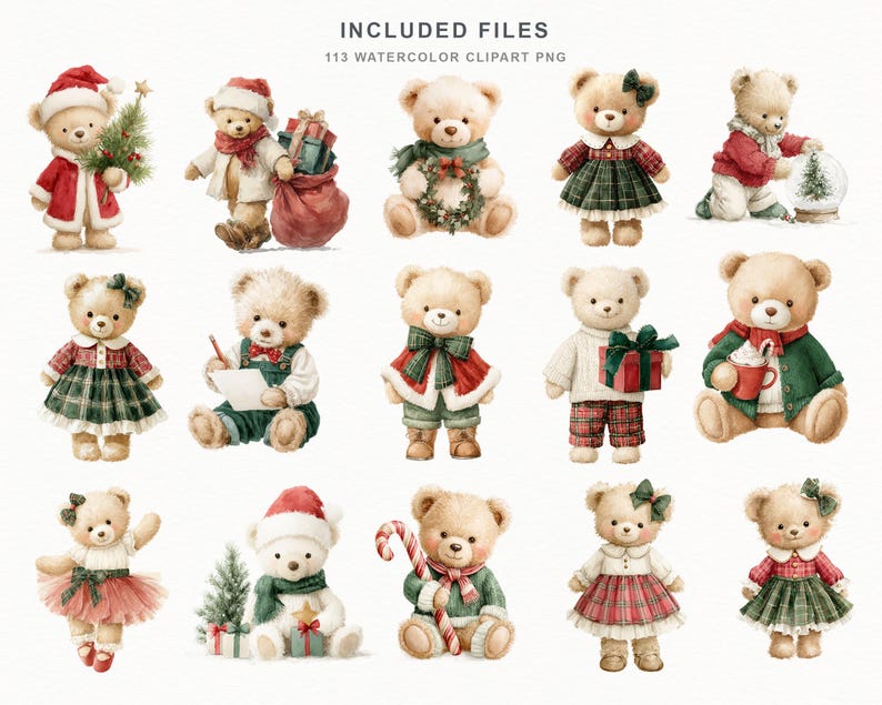 May include: A collection of 113 watercolor clipart PNG files featuring teddy bears in various Christmas-themed outfits and poses, including bears with Santa hats, presents, wreaths, and holiday clothing. The text INCLUDED FILES 113 WATERCOLOR CLIPART PNG appears at the top.