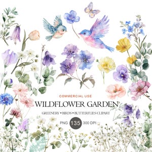 Wildflower Garden Watercolor Clipart Bundle, Spring Botanical Elements (PNG, 300 DPI)