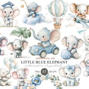 May include: A digital collection of watercolour illustrations featuring baby elephants in various activities, including driving a blue car, flying a plane, holding balloons, and wearing a graduation cap. Text reads LITTLE BLUE ELEPHANT.