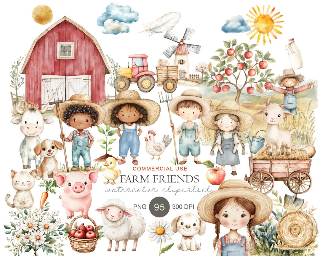 Watercolor Farm Animals Clipart Cute Kid Farm Life Clip Art Barn ...
