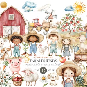 May include: Watercolor clipart set featuring farm animals, children, and farm elements. Includes a red barn, tractor, windmill, and apple tree. The text "FARM FRIENDS watercolor clipartset" is visible. The image is labeled "PNG 95 300 DPI".
