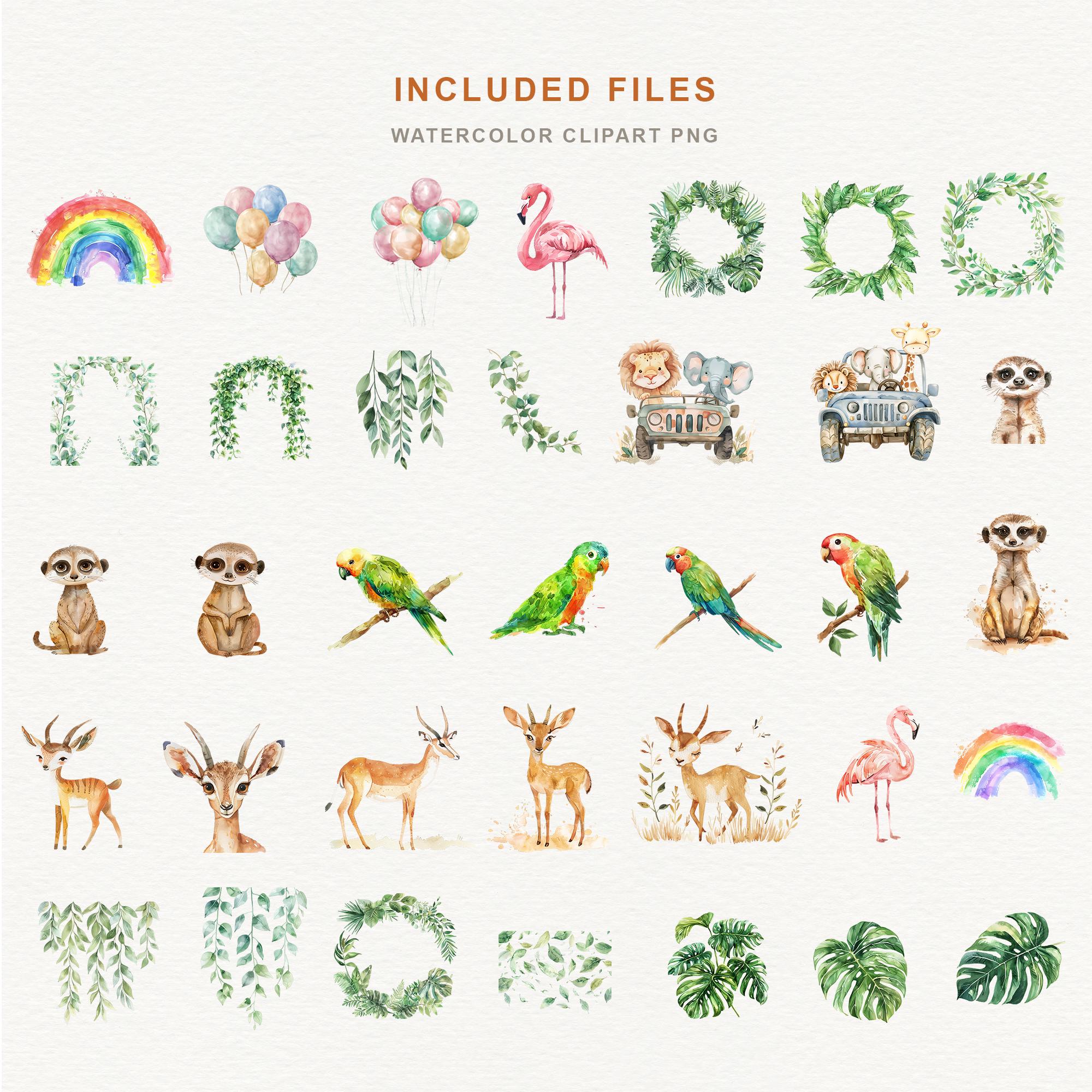 Watercolor Safari Animal Clipart Bundle, Jungle Decor (221 PNG Elements ...