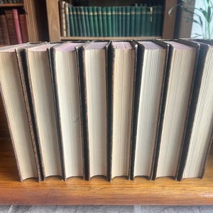 May include: A row of hardcover books with cream-colored pages and brown spines. The books are arranged on a wooden shelf, with a blurred background of other books and a plant. The books are of similar size and appear to be part of a collection.