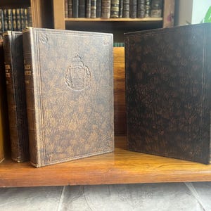 May include: A collection of antique books with textured brown covers, displayed on a wooden shelf. The books have embossed designs and are arranged in a wooden book holder. The background features a bookshelf filled with more books.
