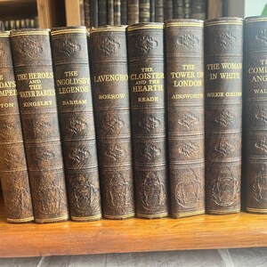 May include: A collection of antique books with brown leather covers and gold lettering. Titles include "The Last Days of Pompeii," "The Heroes and Water Babies," and "The Compleat Angler." The books are arranged on a wooden shelf.