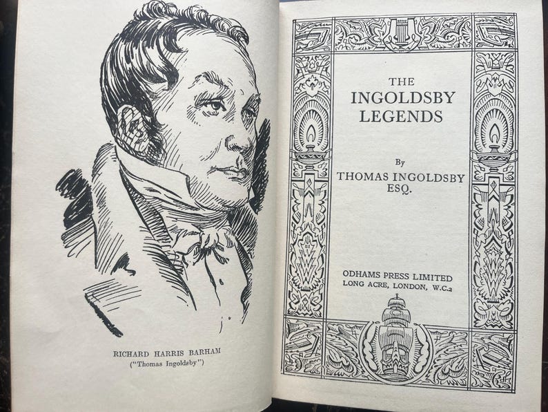 May include: An open book with a black and white illustration of a man on the left page and the title "The Ingoldsby Legends" on the right page. The book is published by Odhams Press Limited, London.