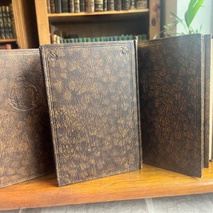 May include: A collection of antique books with brown leather covers. The covers have a textured, aged appearance with gold accents and embossed details. The books are arranged on a wooden shelf.