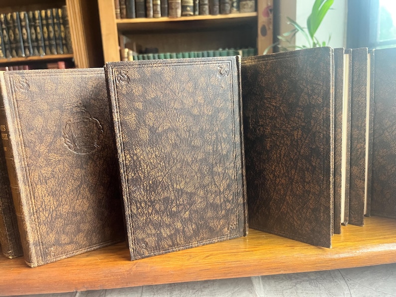 May include: A collection of antique books with brown leather covers. The covers have a textured, aged appearance with gold accents and embossed details. The books are arranged on a wooden shelf.