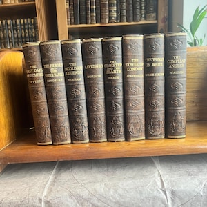 May include: A collection of antique books with brown leather covers and gold lettering. Titles include "The Last Days of Pompeii," "The Water Babies," and "The Compleat Angler." The books are displayed on a wooden shelf.