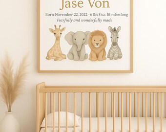 Custom Safari Baby Birth Print | Watercolor Nursery Wall Art (Digital Download)