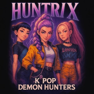 Puede incluir: Ilustración digital de tres personajes femeninos estilizados con cabello colorido. La imagen tiene el texto "HUNTRIX" en la parte superior y "K POP DEMON HUNTERS" en la inferior. La figura central lleva una chaqueta amarilla, con rayos en el fondo.