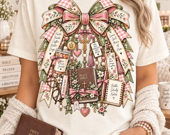 Christian Bible Study PNG, Pink Bow Faith Design, Floral Bible Coffee Cross Graphic, Christian Girl Sublimation PNG