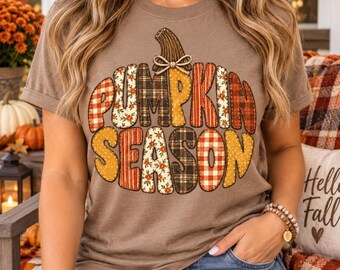 Pumpkin Season PNG, Fall Pumpkin Shirt Design, Plaid Floral Gingham Autumn Graphic, Cozy Thanksgiving Sublimation PNG