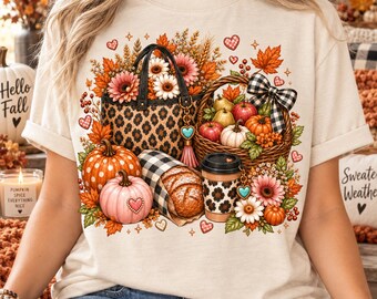 Fall Market PNG, Leopard Tote Pumpkin Design, Autumn Coffee Flowers Graphic, Cozy Fall Shopping Sublimation PNG