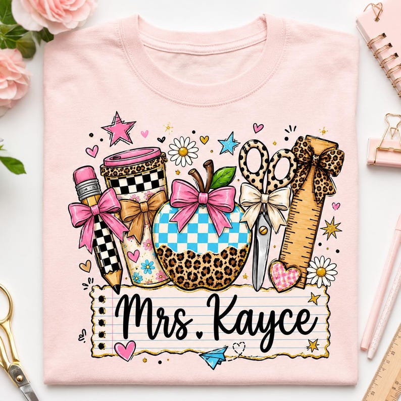 A pink t-shirt with a colorful illustration of various school supplies and a personalized name, "Mrs. Kayce", printed on it.