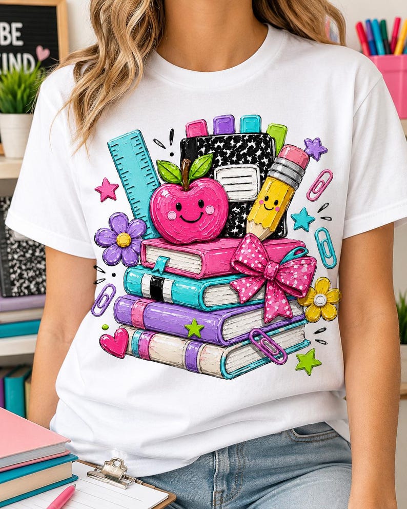 A white t-shirt with a colorful graphic design depicting a stack of books, a pencil, an apple, and various other school supplies.