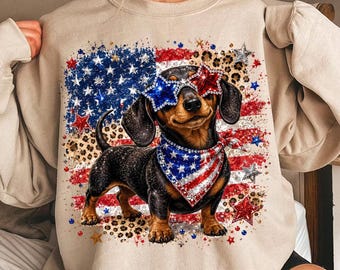 Patriotic Dachshund PNG, 4th Of July Dog Sublimation Design, USA Flag Leopard Shirt Graphic, Red White Blue