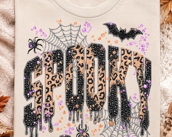 Spooky Rhinestone PNG, Leopard Halloween Drip Design, Bats Spiderweb Sublimation