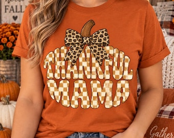 Thankful Mama PNG, Fall Pumpkin Leopard Bow Design, Gingham Autumn Mom Sublimation Download