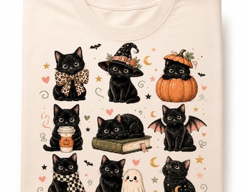 Schwarze Katze PNG-Bundle, süße Halloween-Shirt-Designs