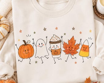 Herbst Charaktere PNG, Kürbis Geist Kaffee Blatt Candy Corn Shirt Design (digitaler Download)