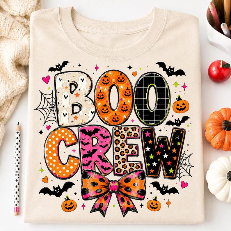 a t-shirt with a Halloween-themed design, including the word "BOO CREW" in a playful font, surrounded by various Halloween-related elements such as bats, pumpkins, and a bow.