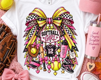 Softball Girl PNG, Pink Softball Bow Design, Leopard Checkered Game Day Graphic, Cute Softball Player Sublimation PNG