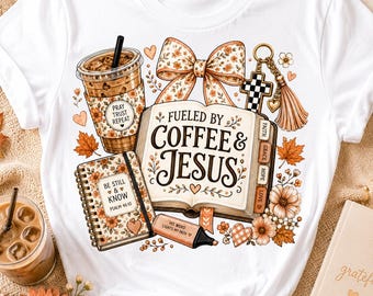 Impulsado por el café y Jesús PNG, diseño bíblico cristiano de otoño