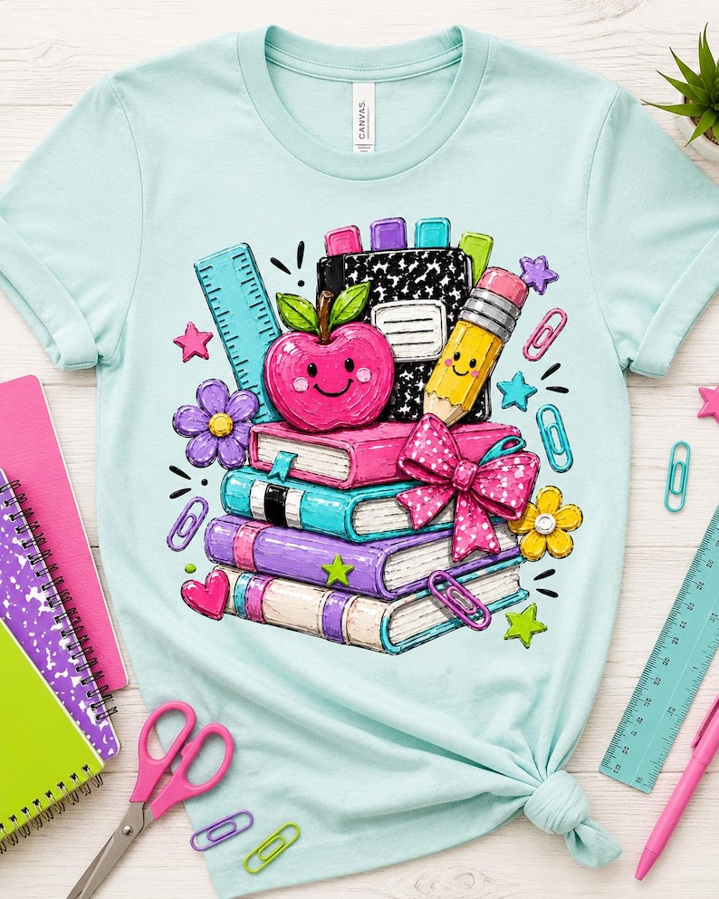 A light blue t-shirt with a colorful illustration of school supplies, including a smiling apple, books, and other school-related items, surrounded by various school supplies such as scissors, pens, and a ruler.