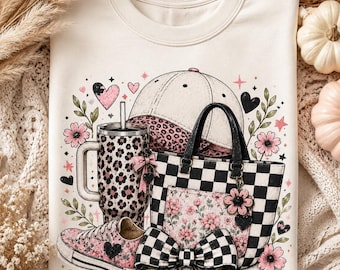 Preppy Girl Essentials PNG, Pink Leopard Tumbler Tote and Sneakers, Coquette Sublimation Design