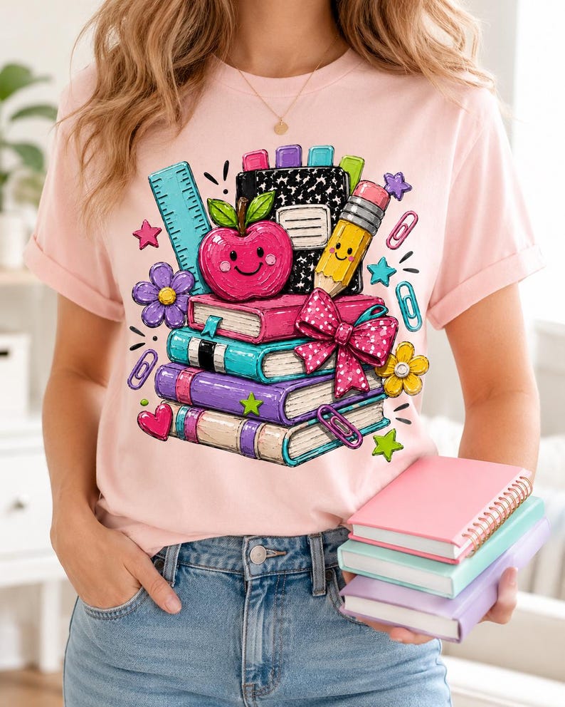 A woman wearing a pink t-shirt with a colorful graphic design of school supplies and books, holding a stack of books.