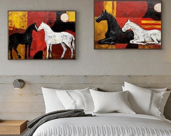 Abstract Black and White Horse Oil Painting on Canvas, Original Horses Canvas Wall Art, Modern Animal Wall Art for Living Room, Home Decor