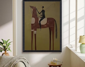 Abstract Horse and Rider Oil Painting, Minimalist Tall Slim Horse Wall Art, Mid Century Modern Animal Wall Art, Retro Olive Home Decor