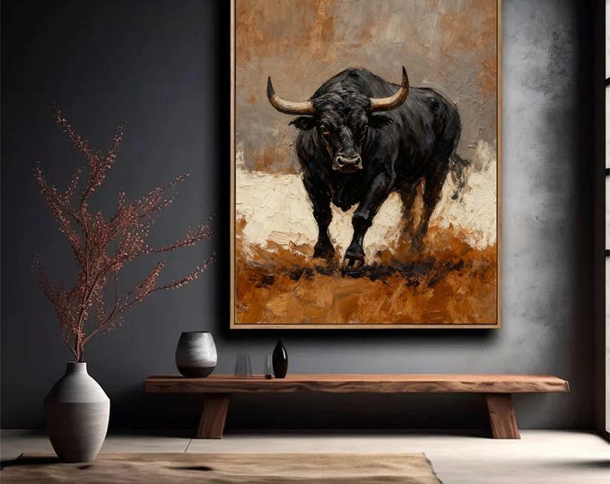 Abstract Bull Oil Painting on Canvas, Large Original Bull Canvas Wall ...