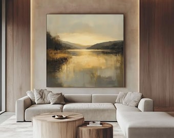 Abstract Lake and Mountain Oil Painting on Canvas, Modern Nature Wall Art