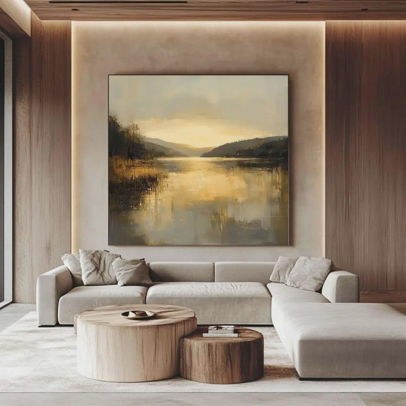 Abstract Lake and Mountain Oil Painting on Canvas, Modern Nature Wall ...
