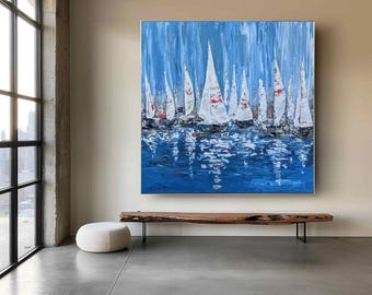 Abstract Sailboat Oil Painting, Modern Nautical Canvas Wall Art