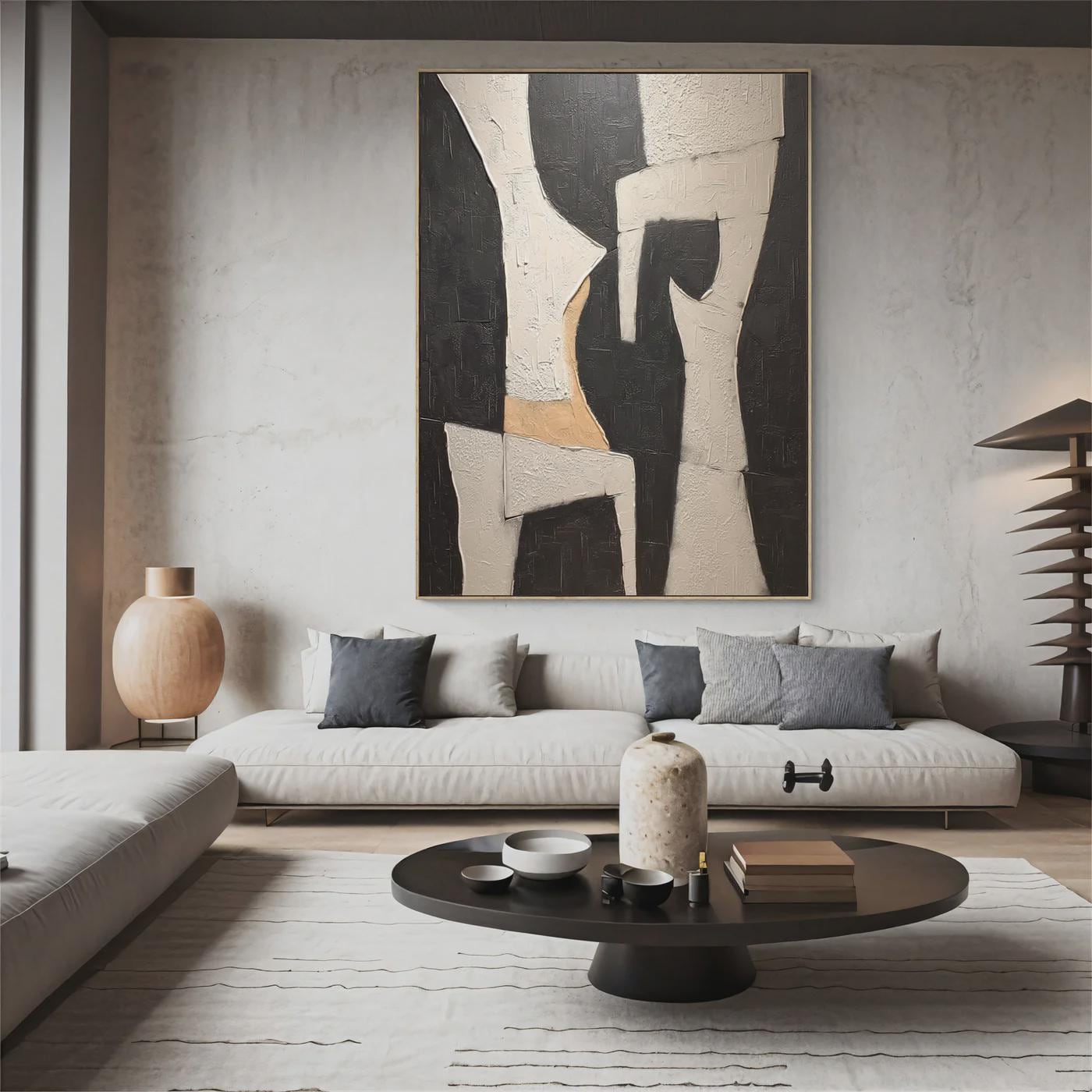 Beige Black Abstract Oil Painting Canvas, Textured Modern Wall Art ...