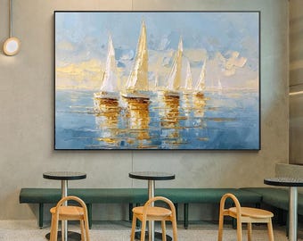 Abstract Sailboat Oil Painting, Modern Seascape Canvas Wall Art