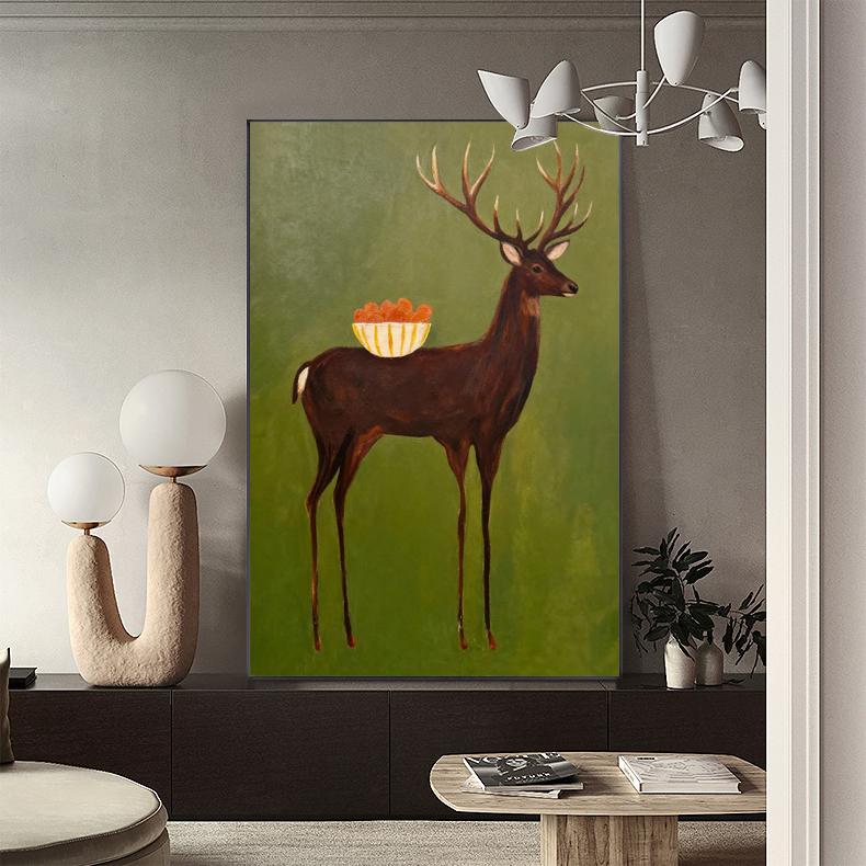 Whimsical Stag Deer Oil Painting on Canvas, Original Abstract Stag ...