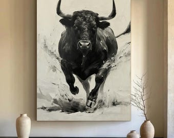 Large Abstract Bull Oil Painting, Modern Animal Canvas Wall Art