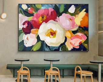 Colorful Abstract Flower Oil Painting on Canvas, Peony Canvas Wall Art, Modern Botanical Wall Art for Living Room, Vibrant Flower Home Decor