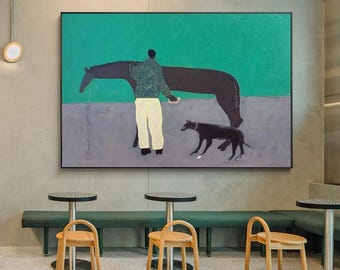 Minimalist Horse and Dog Oil Painting, Modern Folk Art on Canvas