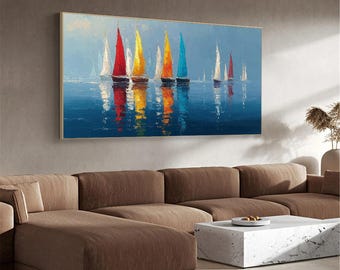 Abstract Sailboats Oil Painting, Colorful Seascape Canvas Art, Nautical Decor