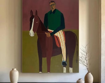 Modern Folk Art Jockey Equestrian Oil Painting, Minimal Horse Riding Canvas Wall Art, Vintage Style Wall Art for Nursery or Living Room