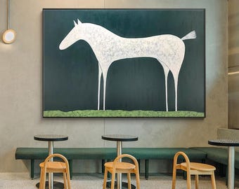 Abstract White Horse Oil Painting on Canvas, Original Horse Canvas Wall Art, Modern Animal Wall Art for Living Room, Home Decor