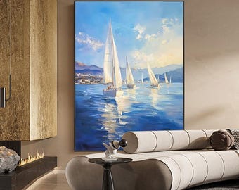 Abstract zeilbootolieverfschilderij op canvas, origineel zeegezicht canvas muurkunst, schip olieverfschilderij, moderne nautische muurkunst voor woonkamer