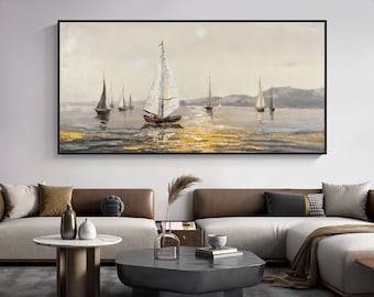 Large Abstract Sailboat Oil Painting, Modern Seascape Canvas Wall Art