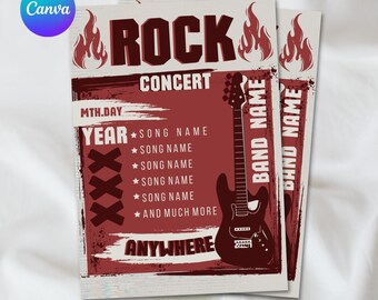 Rock-Konzert-Flyer-Vorlage Canva Bearbeitbar Rot Weiß (Digitaler Download)