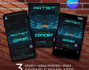 Bearbeitbarer Indie-Konzert-Flyer Canva • Grunge-Gig-Poster • EDM-Veranstaltungsvorlage